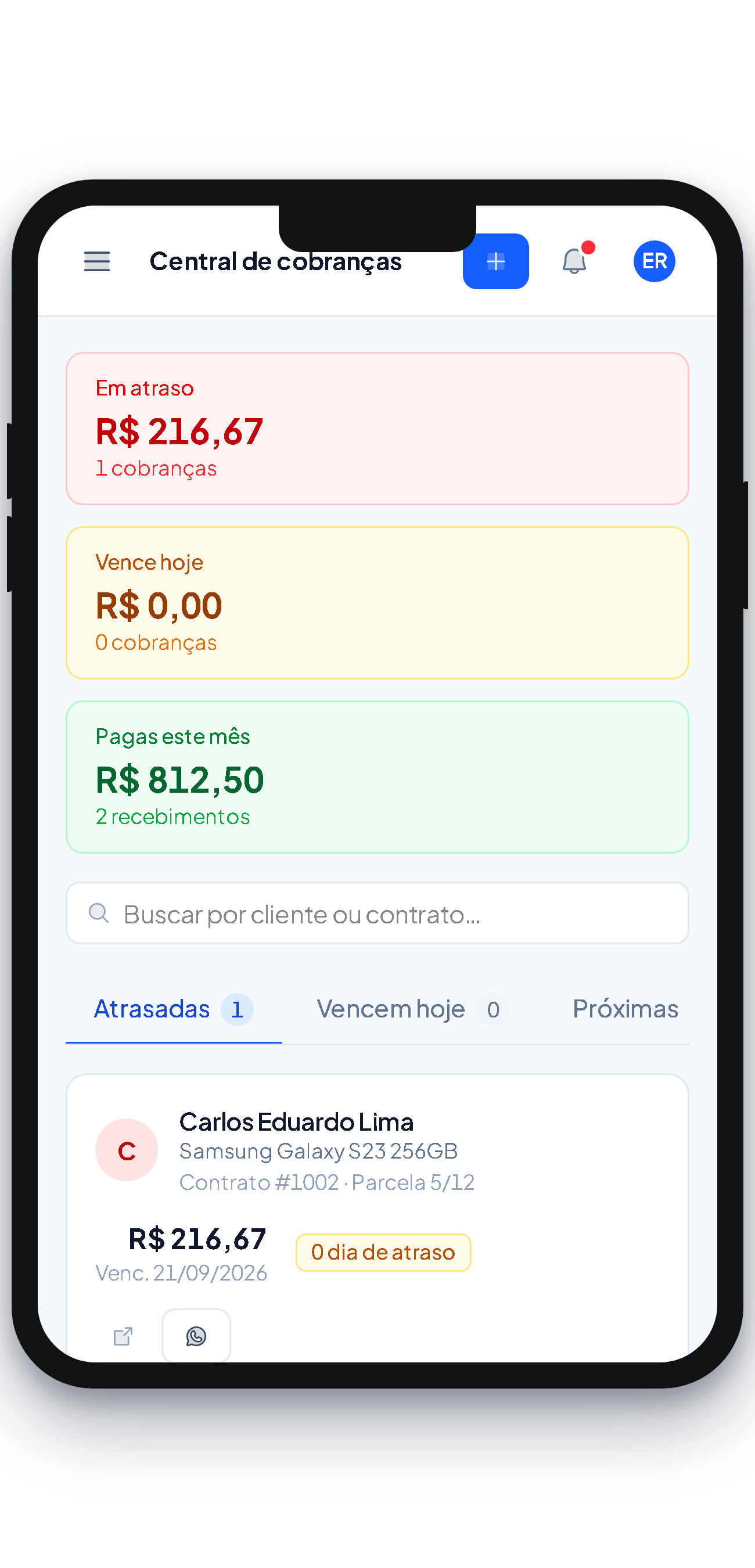 Tela da central de cobranças