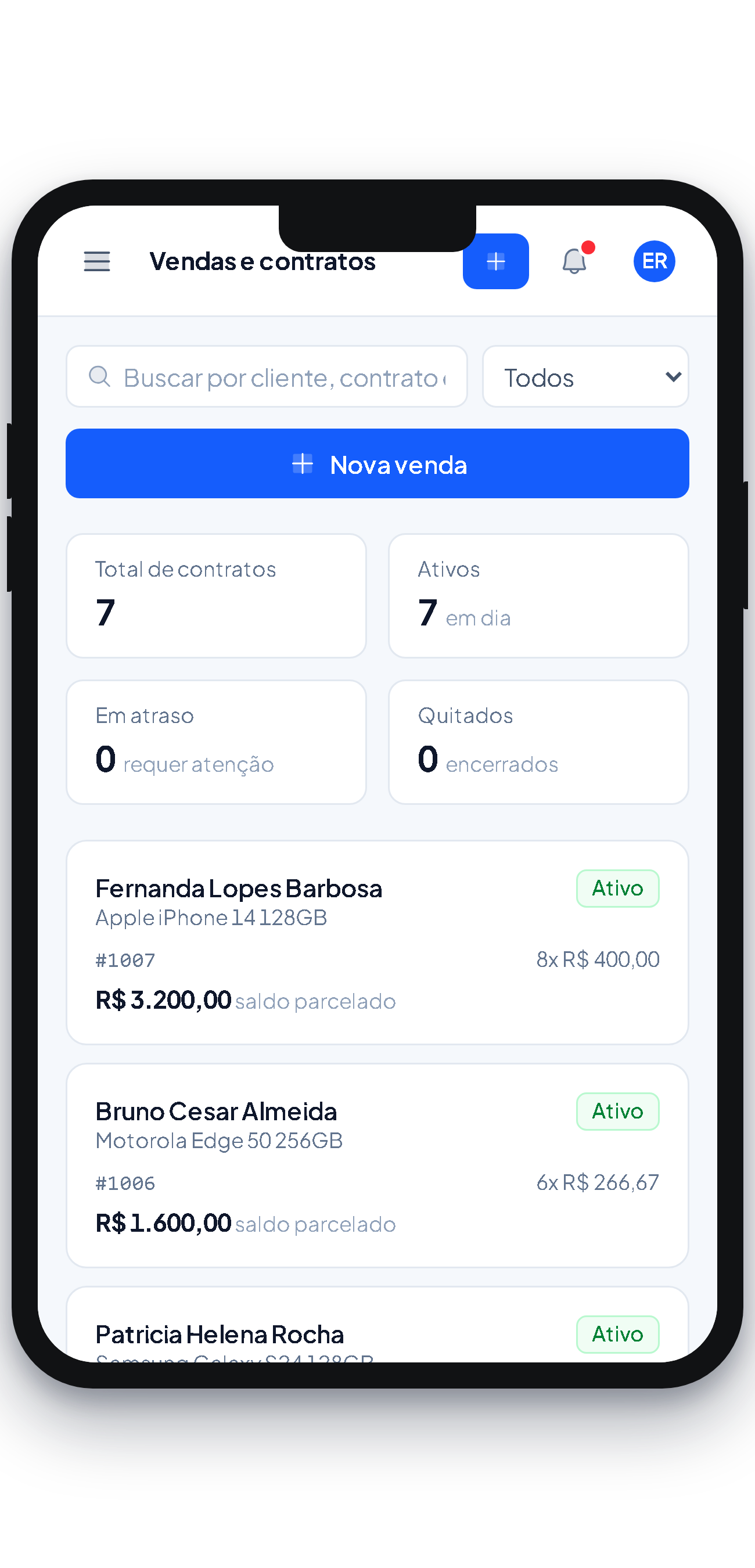 Tela de listagem de vendas e contratos